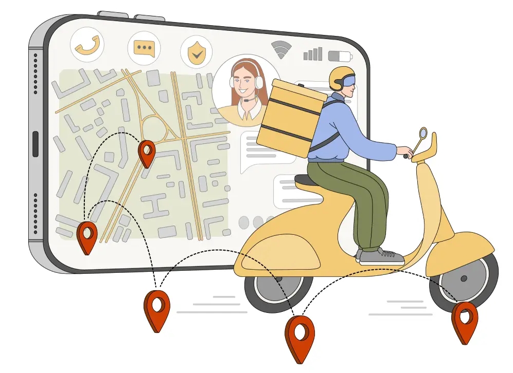 Ilustração de entregador e mapa representando rastreamento de entrega